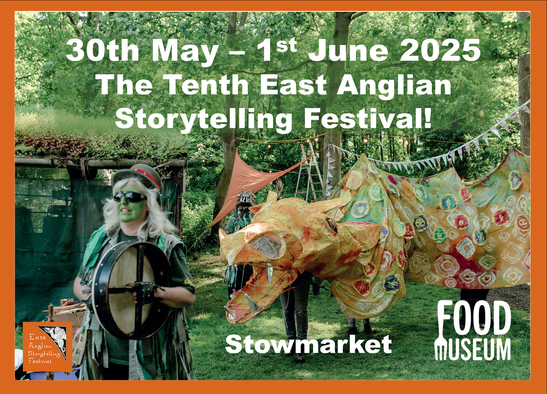 east anglian storytelling festival 2025 procession of morris dancers and dragon at the East Anglian Storytelling Festival